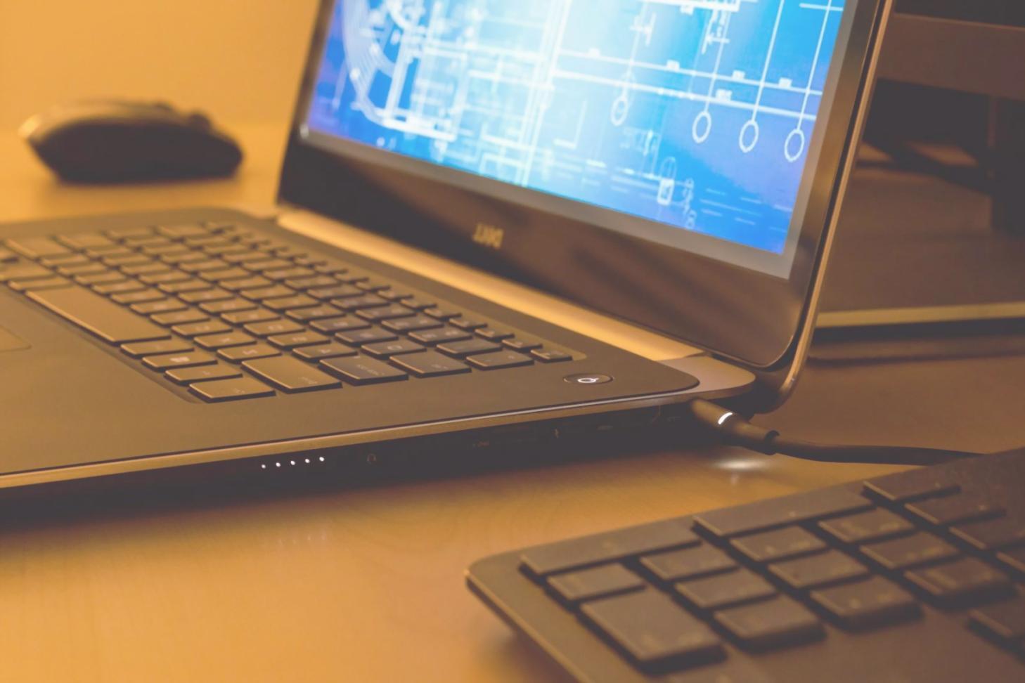 Modern sustainable office space with natural lighting and energy-efficient technology setup